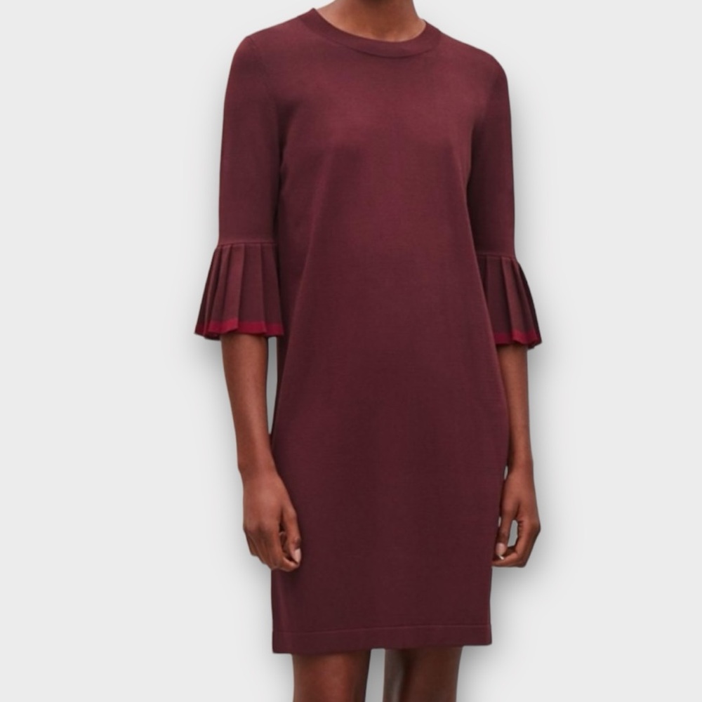 COS Women’s Dress XS Shift Pleated Bell Sleeve Rich Burgundy Feminine Corpcore